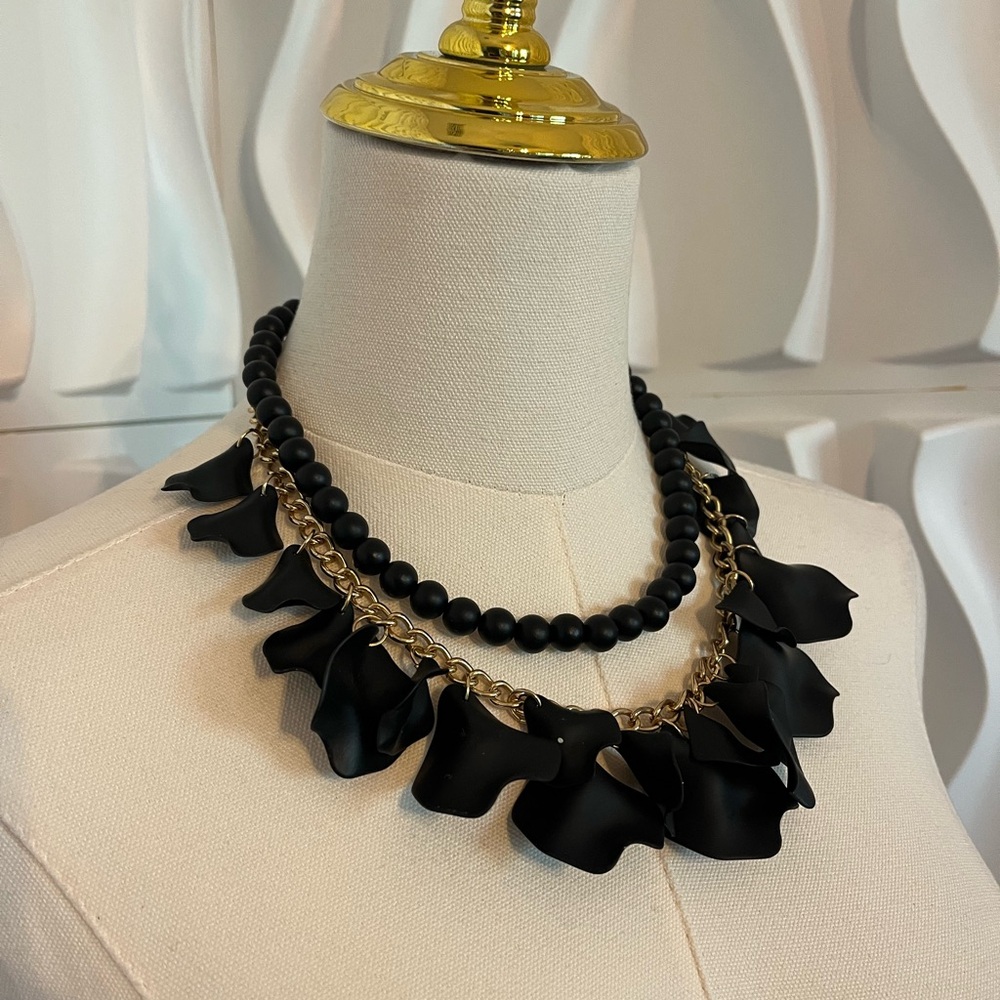 Black Petal Statement Necklace Boho black Flower Collar Gold Tone Chunky Floral